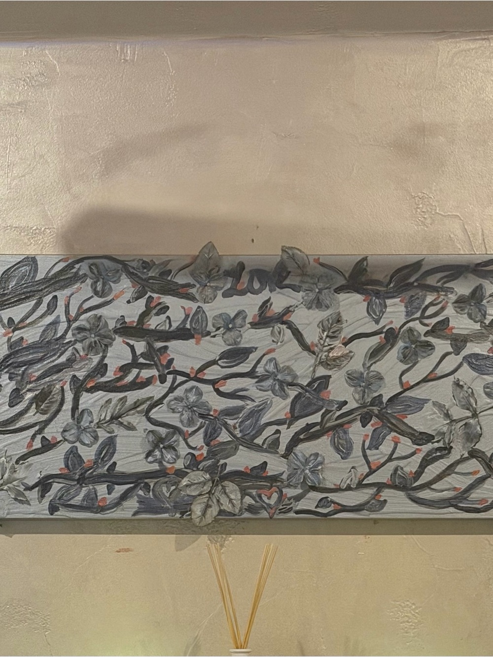 Hand-Painted Floral Canvas Panel in Gray & Black with Pink Accents